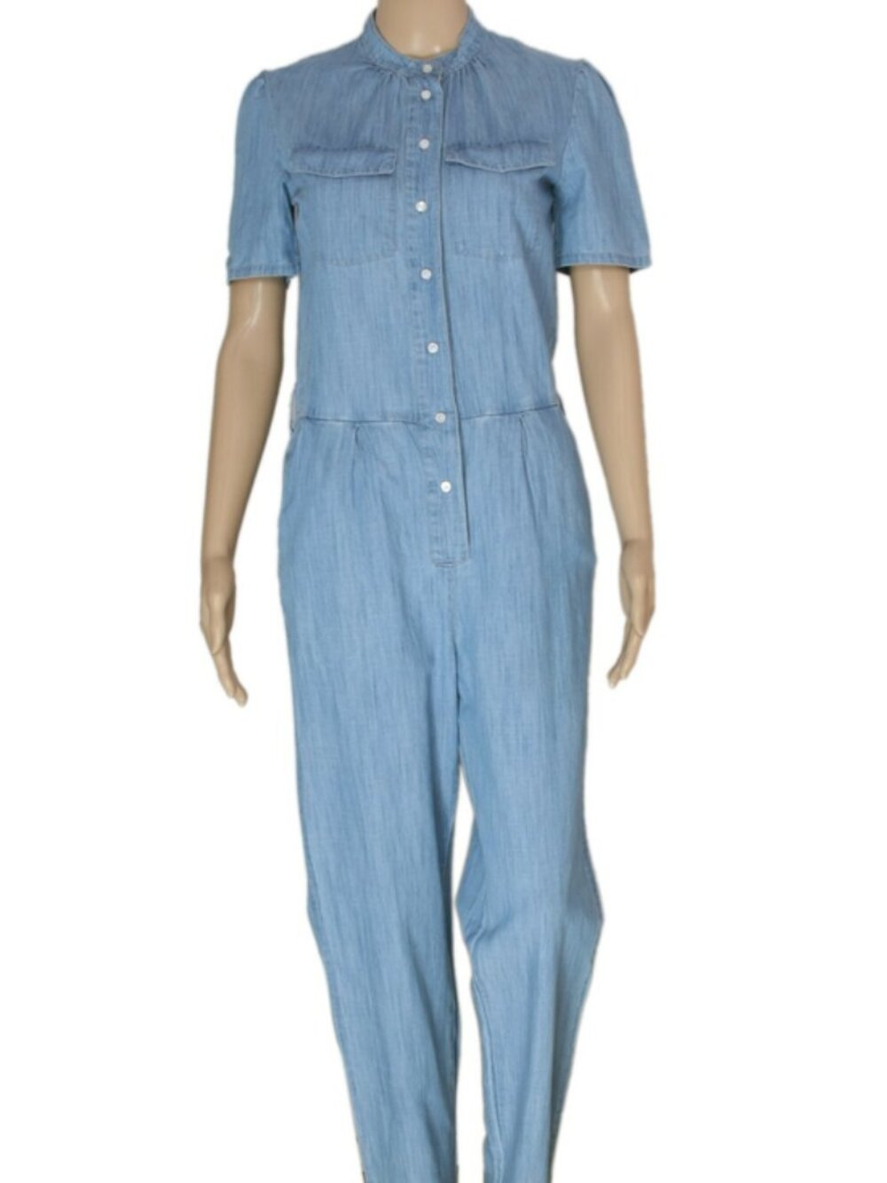 Cyrillus Chambray Jumpsuit Blue Button Short Sleeve Pocket Straight Leg XS 34